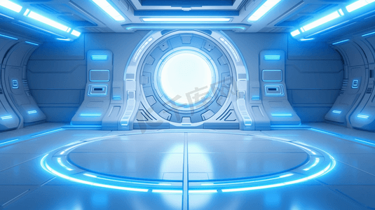 多色立体圆形摄影照片_蓝色的飞船内部，发光的霓虹灯反射在地板上。未来走廊在空间站与圆形背景。三维渲染
