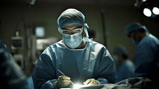 医院手术室照片显示外科医生用关节镜相机和探头进行膝关