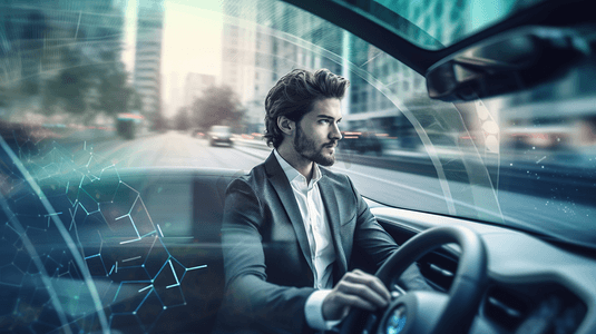 新科技智能摄影照片_商人对模糊背景现代智能汽车界面的3D渲染
