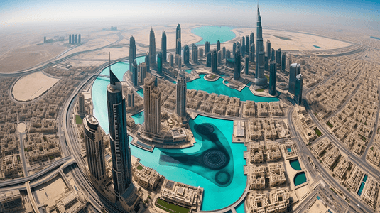 从世界上最高的塔哈利法塔(828米)俯瞰迪拜。阿拉伯联合酋长国。
