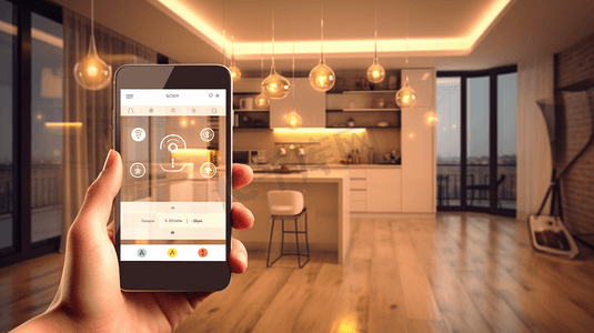 手机联网摄影照片_物联网和智能家居概念。使用应用程序用智能手机或小工具控制一切。