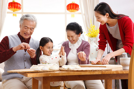 冬至团圆摄影照片_快乐家庭过新年包饺子