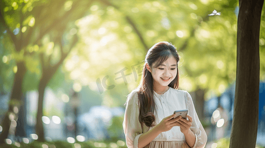 谨防短信诈骗摄影照片_快乐的女孩在公园里用手机语音识别录制短信