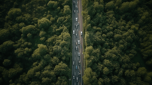 高速吹风机摄影照片_航拍树木环绕的高速公路