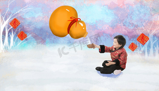 创意春节插画摄影照片_小男孩坐在地上喝酒