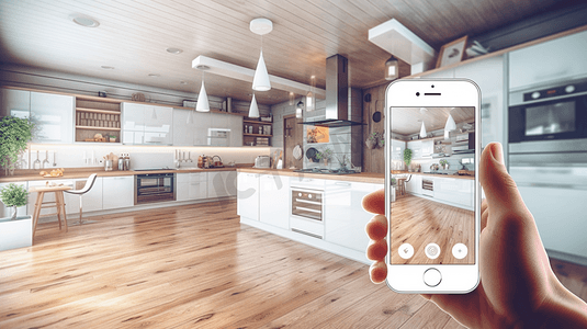 手机app弹框摄影照片_智能家居技术界面手机app增强现实物联网现代厨房室内设计物联网女性手持遥控装置3d