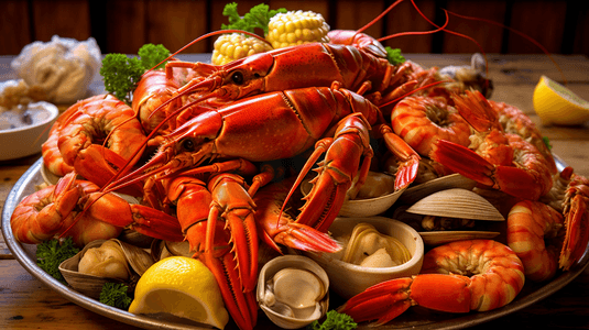 大特写的红龙虾，虾，蟹，牡蛎和海鲜拼盘盘上的餐厅与塔塔酱