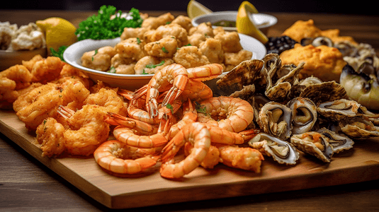 虾美食摄影照片_地中海美食餐厅食物特写炸鱿鱼环王对虾贻贝牡蛎贝类美味木桌背景
