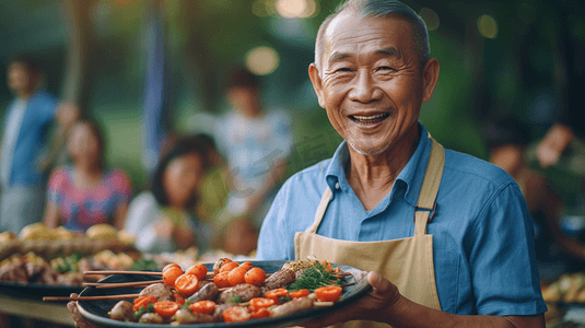 党建活动队徽摄影照片_亚洲老人亚洲家庭野餐和烹饪在花园，他们烤烧烤，他们感到快乐的聚会活动，幸福的家庭时间