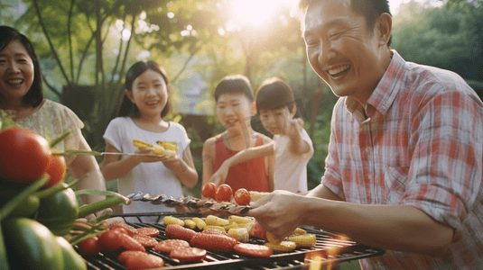双12活动展台摄影照片_亚洲男人亚洲家庭野餐和烹饪在花园，他们烧烤，他们感到快乐的聚会活动，幸福的家庭时间
