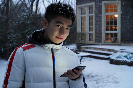 下雪院子里摄影照片_男孩在院子里玩手机