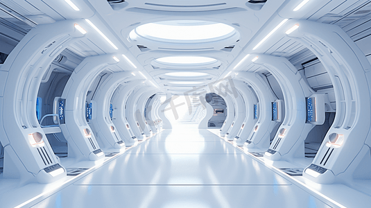 3飞船摄影照片_3 d渲染。未来飞船内部走廊
