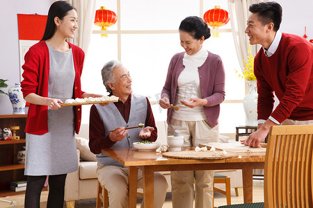 春节包饺子摄影照片_快乐家庭过新年包饺子