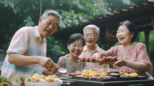 团活动摄影照片_亚洲老人亚洲家庭野餐和烹饪在花园，他们烤烧烤，他们感到快乐的聚会活动，幸福的家庭时间