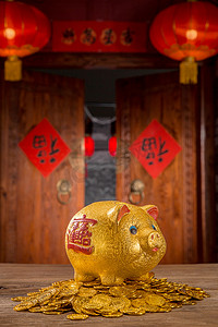 春节金币摄影照片_存钱罐和金币