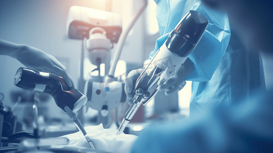 童心向未来摄影照片_机器人外科医生在手术台上给病人做手术。机械臂拿着手术器械。现代医疗技术。医学创新。未来的概念。