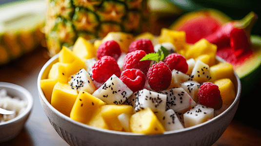 热带水果沙拉芒果和火龙果酸奶碗
