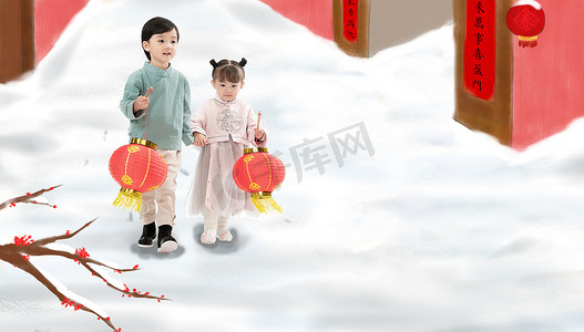 插画童年摄影照片_过新年的快乐儿童拿着红灯笼