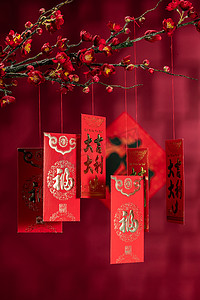 中国红色梅花摄影照片_悬挂在梅花下面的红包