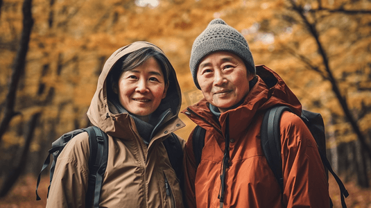 女人笑容摄影照片_中年夫妇在林间散步