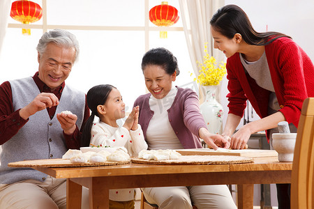 冬至团圆摄影照片_快乐家庭过新年包饺子