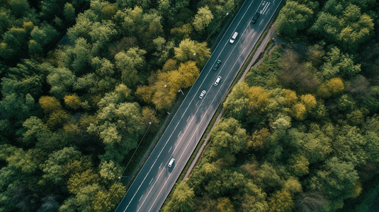 铲车俯视图摄影照片_航拍树木环绕的高速公路
