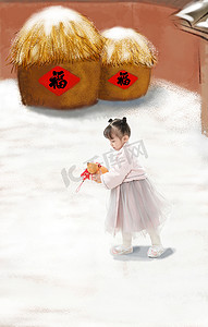 创意春节插画摄影照片_拿着酒葫芦的快乐小女孩