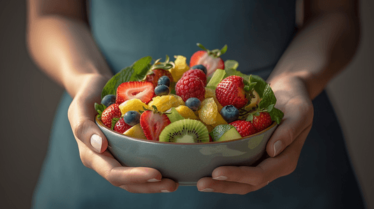 女人手捧水果沙拉