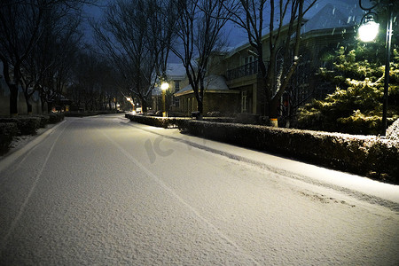 小路夜晚摄影照片_别墅区雪景