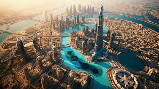 未来派波浪标志摄影照片_从世界上最高的塔哈利法塔(828米)俯瞰迪拜。阿拉伯联合酋长国。
