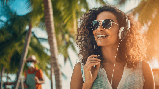夏日肖像，微笑的女人用智能手机使用语音命令记录器助手或在海滩棕榈树的背景下打电话