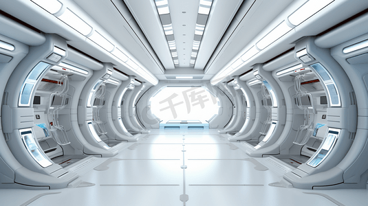 科技感设计摄影照片_未来主义设计飞船内部有金属地板和灯板
