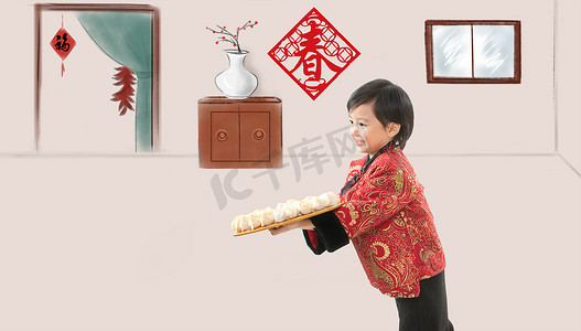 插画冬至摄影照片_快乐男孩拿着饺子迎新年