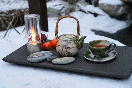 冬天水果摄影照片_茶具