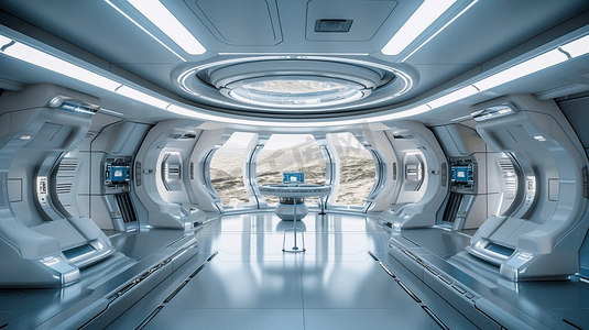 科技感设计摄影照片_未来主义设计飞船内部有金属地板和灯板
