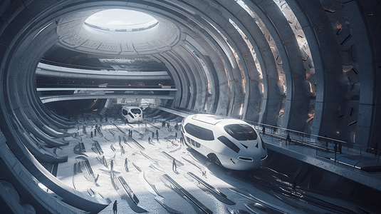 科幻铁路未来站。未来的概念。鸟瞰图。三维渲染
