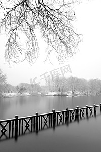 河岸图片摄影照片_下雪后的湖边风景