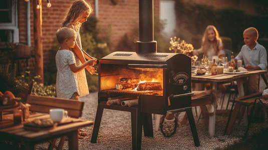烧烤派对快乐的夏季家庭晚餐在家里户外复古风格的父母和儿童炭炉