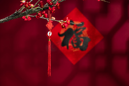 新年红色中国结摄影照片_悬挂在梅花下面的中国结