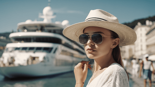 穿着太阳镜和白帽子的时尚苗条女人站在停靠的游轮附近的海港