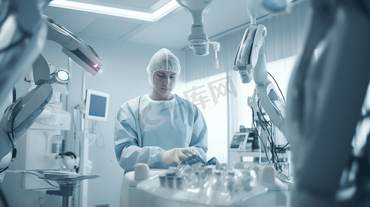 激发创新引领未来摄影照片_机器人手术。机器人外科医生在手术台上给病人做手术。机械臂拿着手术器械。现代医疗技术。医学创新。未来的概念。
