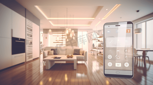 家居摄影照片_智能家居自动化应用程序在手机上与家庭内部后台。家中的物联网概念。智能技术4.0