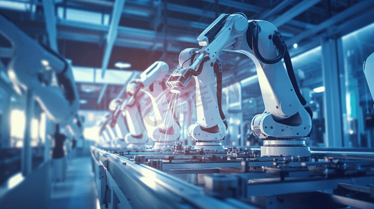 智能科技机器人摄影照片_工业4.0机器人概念。工程师在工厂使用笔记本电脑进行机器维护自动化工具机械臂。
