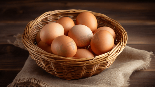 鸡蛋摄影照片_木桌篮子里的新鲜鸡蛋
