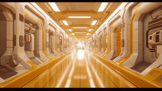 科技感黄背景摄影照片_科幻背景小说室内渲染科幻飞船走廊黄光3D渲染
