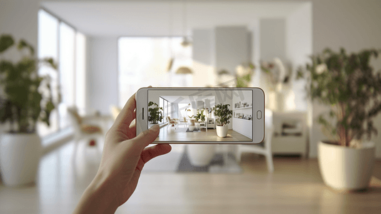 两只手拿着智能手机，在现代豪华的客厅和厨房里拍照
