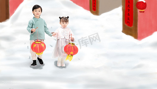 插画童年摄影照片_过新年的快乐儿童拿着红灯笼