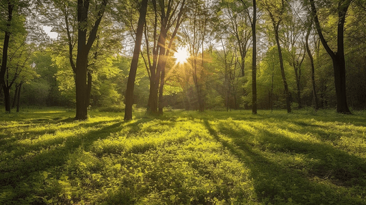 绿色土地树林摄影照片_公园的阳光束与绿色草树林