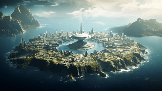 科幻未来科技摄影照片_外星岛屿城市
