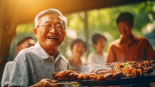 朋友聚会摄影照片_快乐的老年亚洲朋友烧烤烧烤聚会在公园老人会议